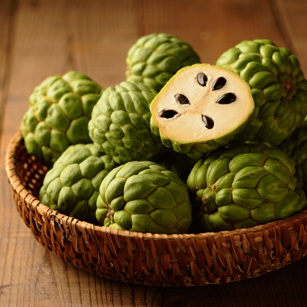 Panier de différentes variétés d’anone fraîches